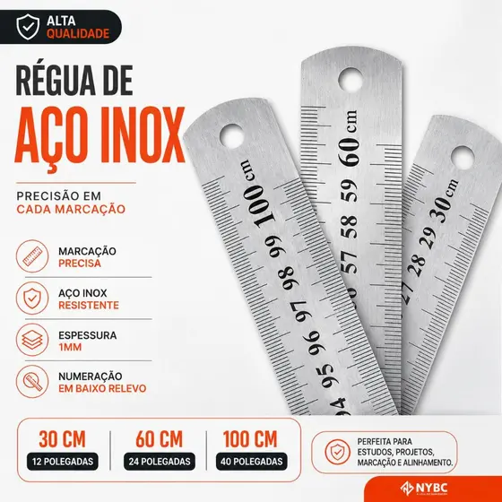 Régua De Metal - Aço Inox - Patchwork - 30 Cm/ 60 Cm/ 1 Metro - Nybc