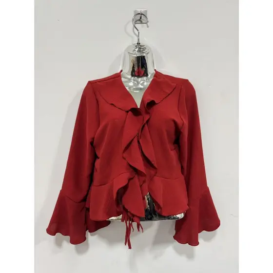 Blusa Feminina com Babado Duplo no Decote V Manga Flare Tecido Texturizado Leve Modelo Cropped Elegante para Trabalho e