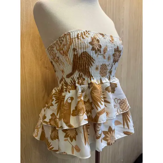 Top feminino Bandeau Floral Tropical com Babados