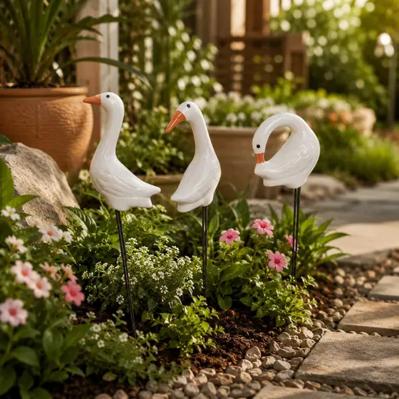 Decoração De Jardim Enfeite Trio Pequeno Garça Cerâmica