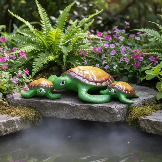 Tartaruga E Filhotes Estatua 16 Cm Cerâmica Para Jardim