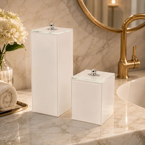 Kit Organizador Porta EScova + Porta Algodão Cotonete de Vidro Com Tampa Kit Multiouso  Luxo