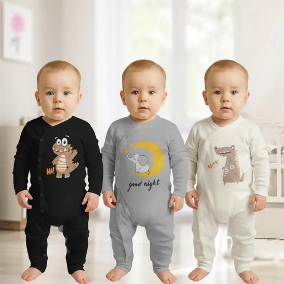 KIT Pijama Macacão Menino Menina em Suedine Manga Longa Infantil Estampado 3 peças