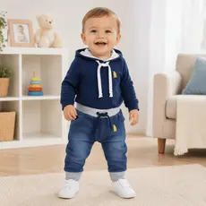 Saída Maternidade Kit 2 Peças Body Manga Longa com Capuz + Calça Jeans Conjunto Bebê e nfantil