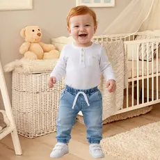 Conjunto de Bebê  Body Manga Longa com Bolso e Calça Jeans Saruel Desbotada kit Maternidade Criança Natal Ano Novo