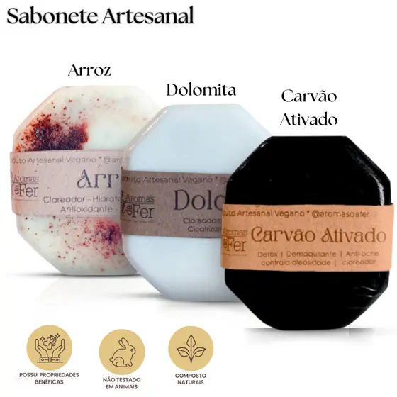 Kit Sabonete Facial Antiacne Esfoliante e Clareador Artesanal Carvão Ativado, Arroz e Dolomita