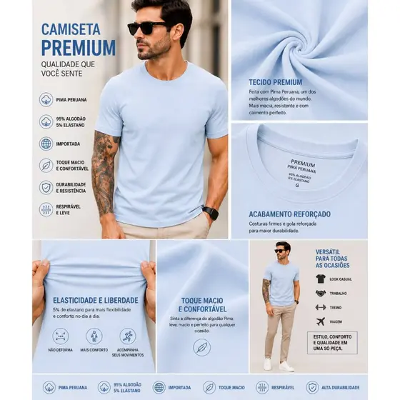 Camiseta Masculina Premium Importada Alta Qualidade Algodão Elastano Casual
