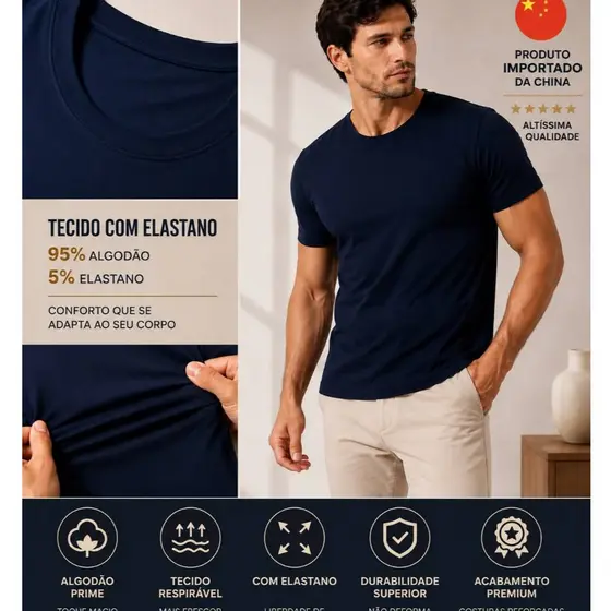 Camiseta Masculina Algodão Premium Lisa Confortável Gola Careca Importada