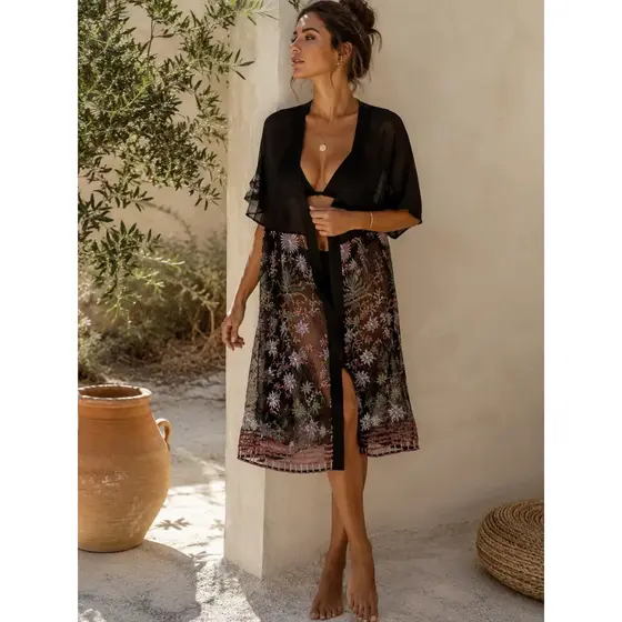Cardigan Feminino Longo com Renda Saída de Praia Kimono Feminino Tamanho Único Casual Elegante Verão