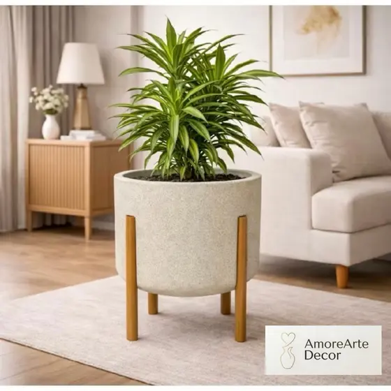 Vaso para Planta com Pés de Madeira Vaso Nórdico em Polietileno