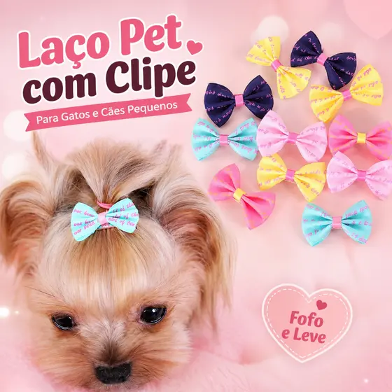 Kit 5 Pares Laços Pet com Clipe Presilha para Cachorro e Gato Pequeno