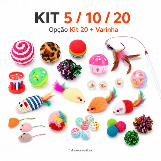 Kit 5/10/20 Brinquedos para Gatos Sortidos com Varinha Ratinho Bolinha Pena Interativo Filhotes Adultos
