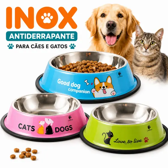 Comedouro Inox Antiderrapante para Cães e Gatos Tigela Pet para Ração Água Petiscos Vários Tamanhos.