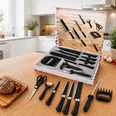 Kit Facas Cozinha 8 Peças Aço Inox Chef Profissional Cutelo Chaira Tesoura Descascador Garra Carne