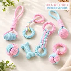 Brinquedo Mordedor para Cães com Corda Bola Anel Borracha Cores Pastel Modelo Sortido Filhotes