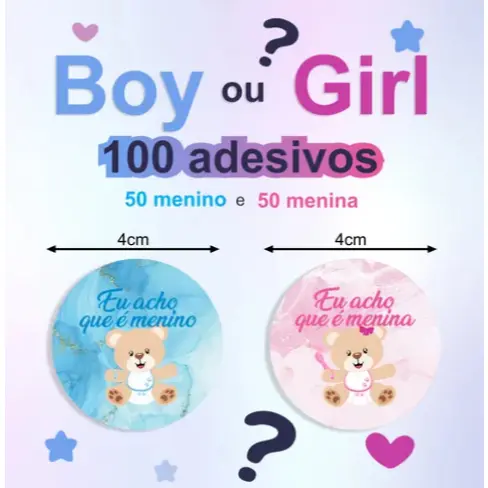 90 Adesivos para Chá Revelação Menina Ou Menino Ursinho
