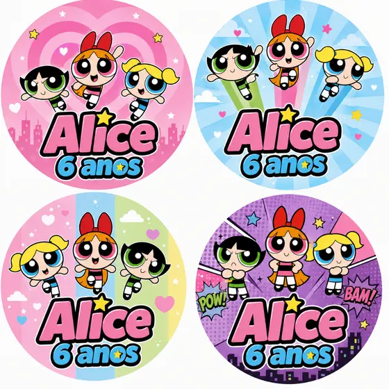 Kit Adesivos Meninas Super Poderosas Etiquetas Personalizadas Aniversario Nome e Idade