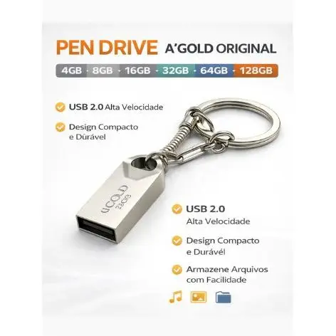 Mini Pendrive A GOLD Original – Chaveiro Metálico USB 2.0 (4GB a 128GB) 🔑💾