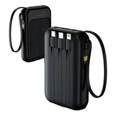 Power Bank Minimen Solar 10000mAh Rápido com USB-C e 4 Cabos Embutidos PRETO
