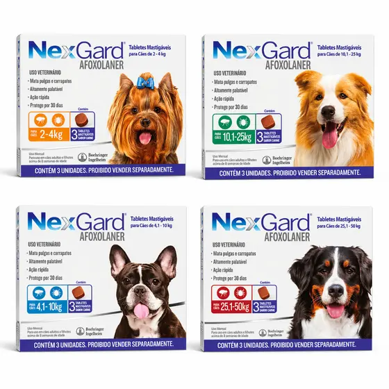 Nexgard de 2kg a 50kg 3 Tablete Antipulgas e Carrapatos Para Cachorro