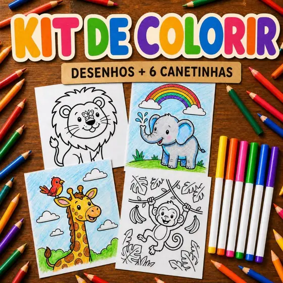 100 Desenhos para Colorir + 6 Canetinhas Animais Infantil Educativas Crianças Pintura