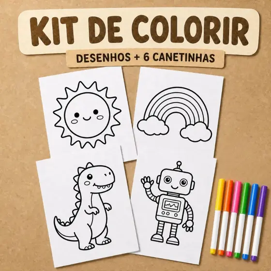 KIT 100 Desenhos para Colorir + 6 Canetinhas Animais Infantil Educativas Crianças Pintura