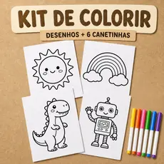KIT 100 Desenhos para Colorir + 6 Canetinhas Animais Infantil Educativas Crianças Pintura
