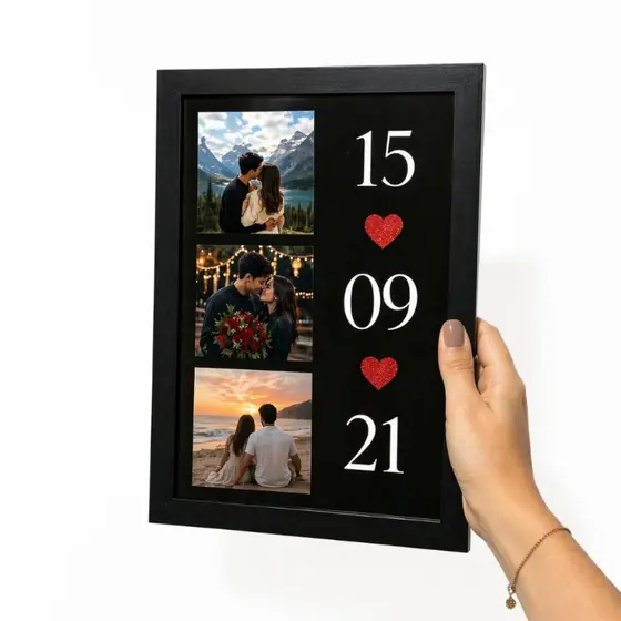 Quadro Personalizado 3 Fotos com Data, presente, Casal / Dia dos Namorados - Moldura A4