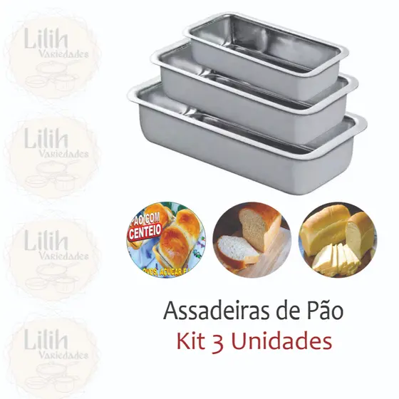 Forma assadeira para pão caseiro, bolo inglês kit 3 peças