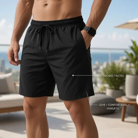 Bermuda Masculina Tactel Short Academia Fitness Praia Caminhada Corrida Casual Tecido Leve com Cordão