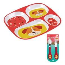 Kit Prato Infantil Bebe Com 4 Divisórias com Talheres Bichinho