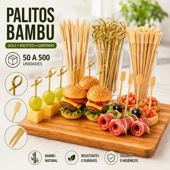 Palitos Espeto Bambu 100/400/500 unidades 9cm/15CM Petisco Buffet Eventos Lanchonete