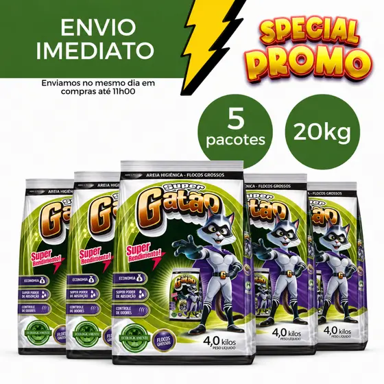 Areia Sanitária Higiênica Para Gatos Anti Odor 20kg Total Super Gatão Flocos Médio Premium Pipicat