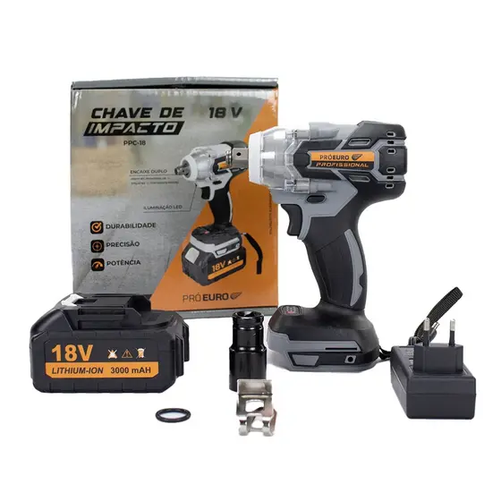 Chave de Impacto 18V Brushless 300Nm 2400RPM Encaixe Duplo 1/2 1/4 Bateria Lithium-ion Pró Euro