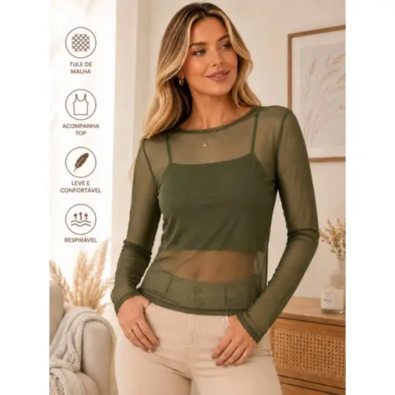 KIT BLUSA FEMININA DE TULE DE MALHA  MANGA LONGA E TOP ALCINHA CONFORTÁVEL