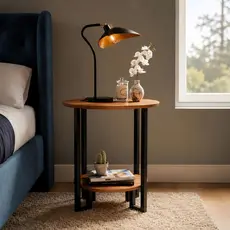 Mesa Apoio Redonda 2 Tampos MDF Pés Metal Preto – Mesa de Apoio Moderna Sala/Quarto