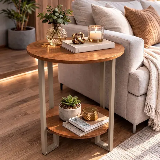 Mesa de Apoio Redonda para Sala/Quarto com 2 Tampos – Pés de Ferro Fendi Design Moderno Minimalista