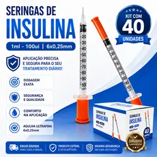 Seringa de Insulina 1ml 100UI Fixa Agulha 6x0,25mm Ultra Fina Kit com 40 Unidades Estéril Descartável