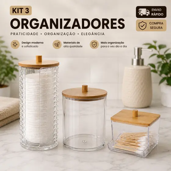 Kit 3 Potes Organizadores Multiuso com Tampa de Bambu | Porta Algodão, Cotonetes e Acessórios em Acrílico