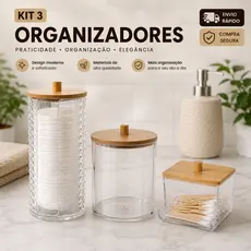 Kit 3 Potes Organizadores Multiuso com Tampa de Bambu | Porta Algodão, Cotonetes e Acessórios em Acrílico