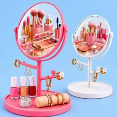 MINI Espelho de Penteadeira com Porta Joias e Brincos | Espelho de Mesa com Suporte e Organizadore e Base Res - COMPACTO
