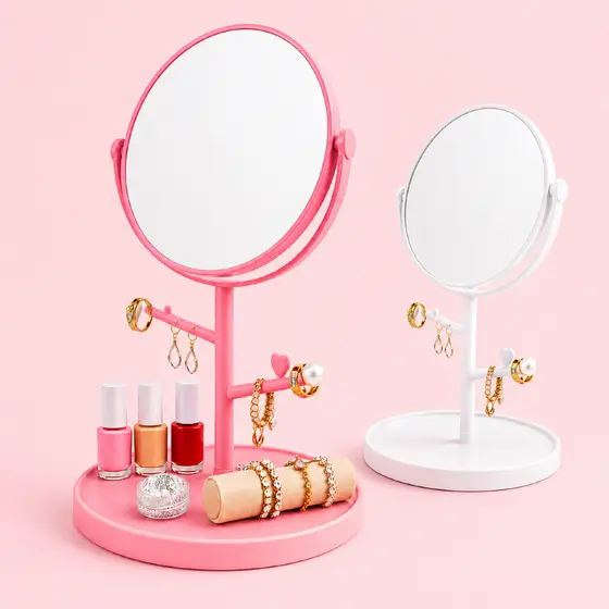 Espelho Para Penteadeira com Porta Joias e Brincos MINI Espelho de Mesa com Suporte e Organizador COMPACTO