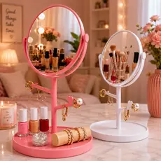 MINI Espelho Penteadeira com Porta Joias e Brincos Espelho de Mesa com Suporte e Organizadore e Base Res - COMPACTO
