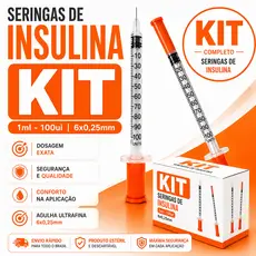 Seringa de Insulina 1ml 100UI Agulha Inclusa e Fixa 6x0,25mm Ultra Fina Kit com Unidades Estéril Descartável