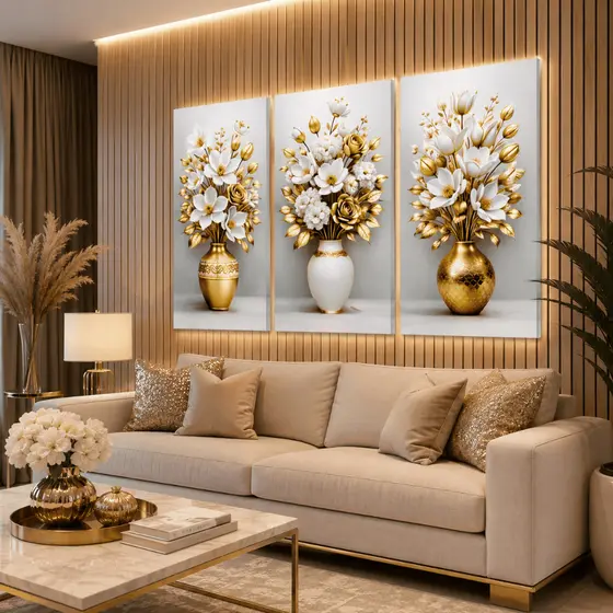 Quadro Decorativo Sala 3 Peças Floral Dourado e Branco Vasos de Flor