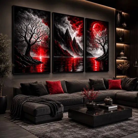 Conjunto Quadro Decorativo paisagem abstrata em tons de preto, branco e vermelho vibrante Fantasia