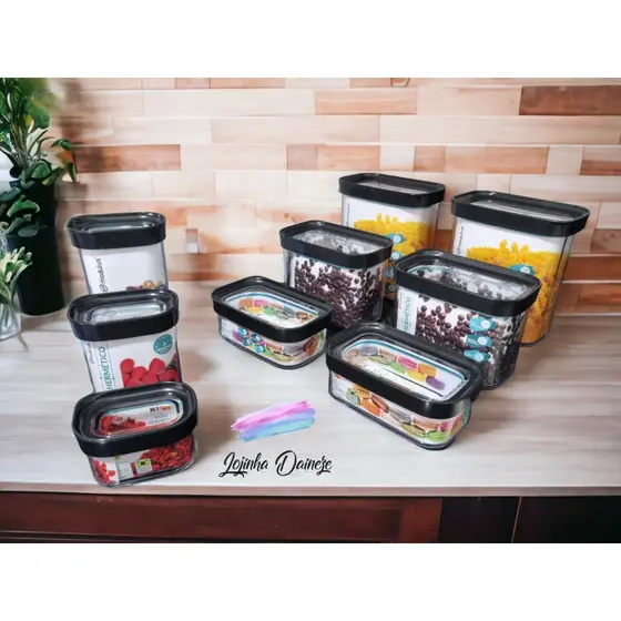 kit cozinha 9 peças - Potes herméticos para mantimentos na cor preta