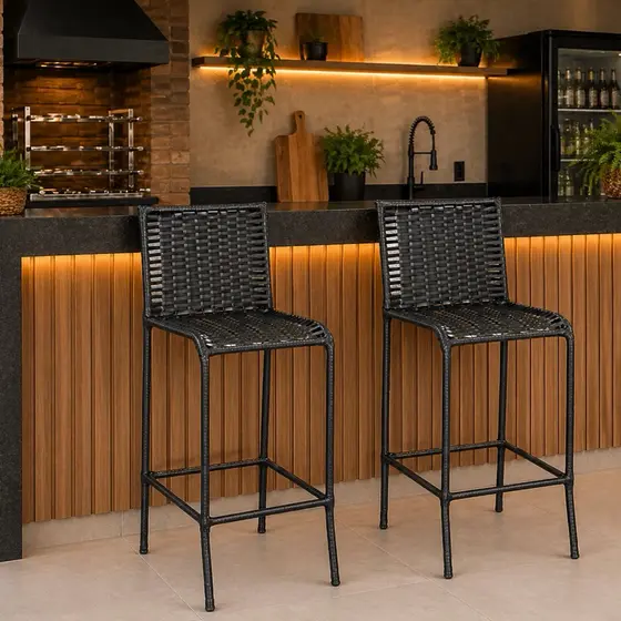 Kit 2 Banquetas 99cm altura Balcão Bistrô Junco Área Externa Churrasco grande alta