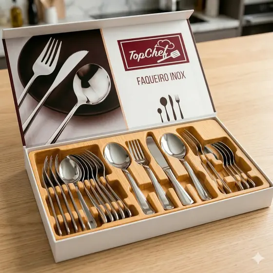 Jogo De Faqueiro 24 Peças Aço Inox Completo Servir 6 Pessoas Gaveta Talheres Cozinha Jantar Faqueiro