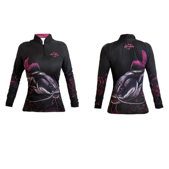 Camisa Camiseta de Pesca Feminina Pirarara Gola Zíper Proteção Solar UV New Fisher NF28F